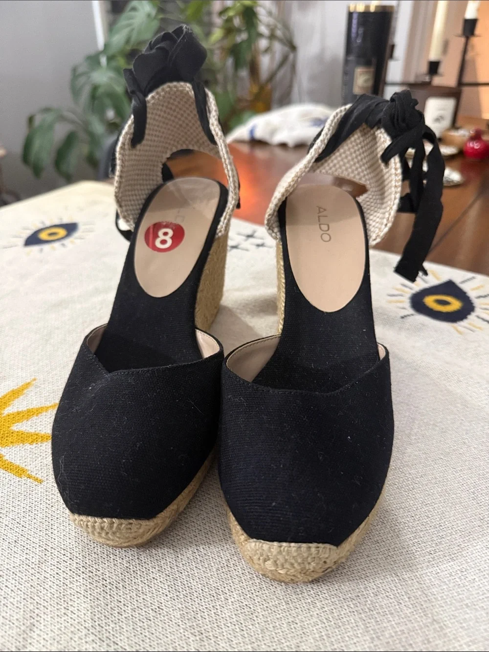ALDO Black Espadrille Wedge Sandals with Ankle Tie Detail
